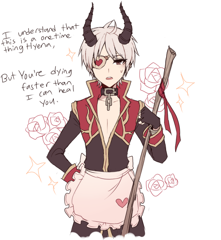 priest (ragnarok online), ragnarok online, commentary, english commentary, 1boy, apron, astrarunia, black coat, black gloves, black horns, broom, brown eyes, coat, cowboy shot, english text, eyepatch, fingerless gloves, frilled apron, frills, gloves, gold trim, grey hair, heart, heart eyepatch, holding, holding broom, horns, long sleeves, looking at viewer, male focus, multicolored coat, open mouth, pink apron, red coat, short hair, simple background, solo, two-tone coat, waist apron, white background