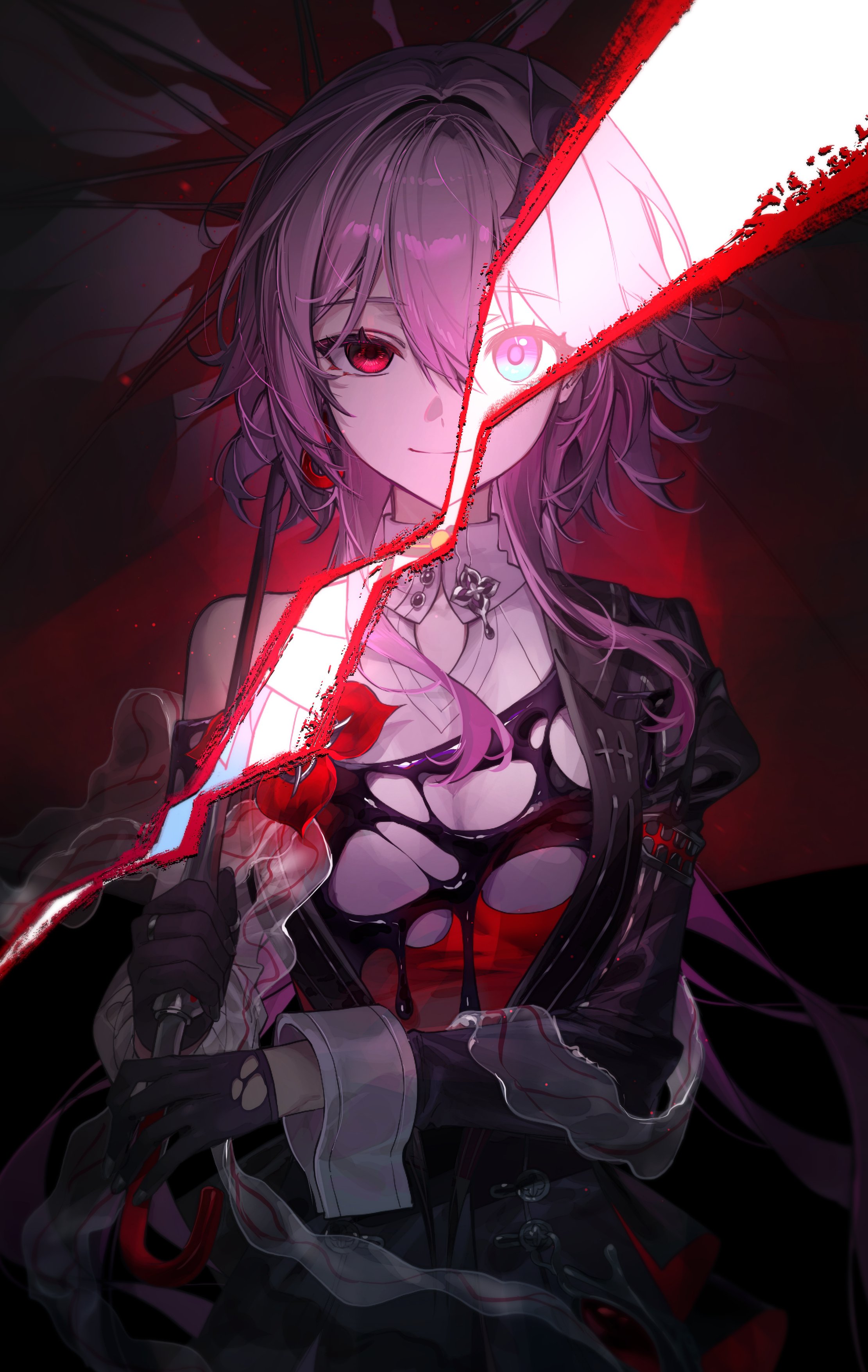 kkopoli, evernight (honkai: star rail), march 7th (honkai: star rail), honkai: star rail, honkai (series), absurdres, highres, 1girl, black dress, black flower, black gloves, breasts, dress, dual persona, flower, gloves, hair between eyes, hair flower, hair intakes, hair ornament, holding, holding umbrella, jewelry, long hair, long sleeves, looking at viewer, low twintails, multiple rings, pink eyes, pink hair, red eyes, ring, shirt, single bare shoulder, smile, solo, twintails, umbrella, white wrist cuffs, wrist cuffs