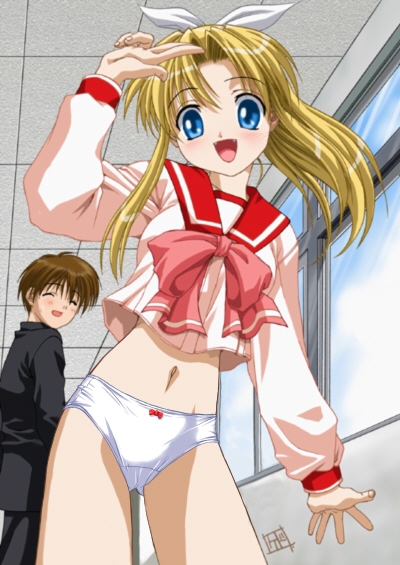 miyauchi lemmy, to heart, to heart (series), 1boy, 1girl, blonde hair, blue eyes, blush, bottomless, bow, bow panties, fang, hair ribbon, long hair, midriff, navel, no pants, panties, pink bow, ribbon, salute, school uniform, serafuku, standing, underwear, white panties