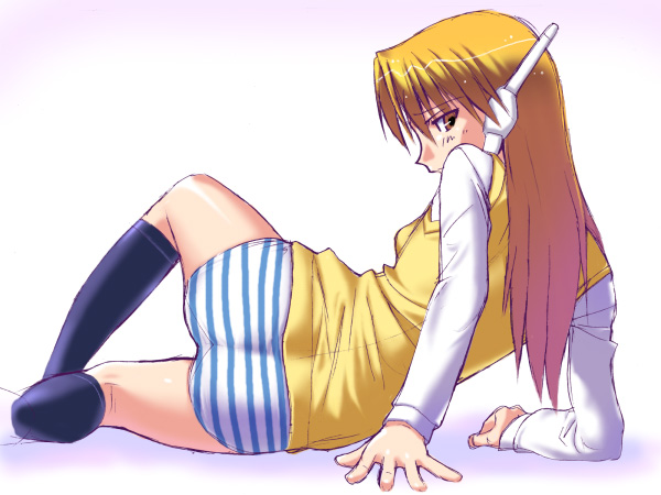 serio (to heart), to heart, to heart (series), arm support, ass, back, black socks, blonde hair, blouse, blue panties, blush, brown eyes, from behind, kneehighs, long hair, looking back, lying, on side, panties, robot ears, shirt, socks, solo, striped clothes, striped panties, sweater vest, underwear, vest