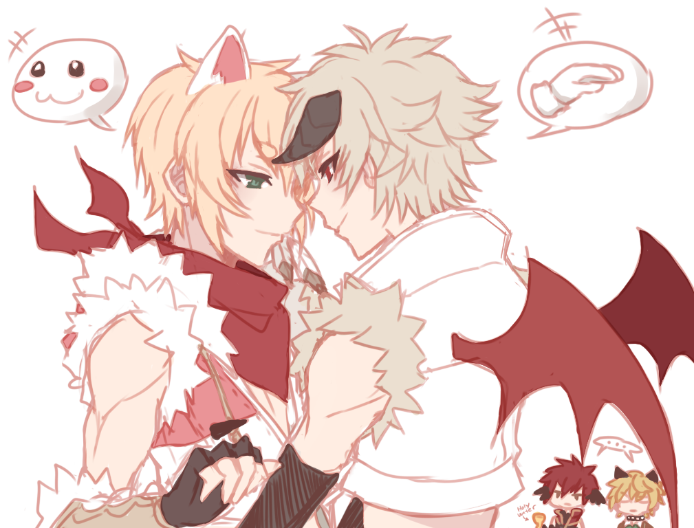 clown (ragnarok online), professor (ragnarok online), sniper (ragnarok online), whitesmith (ragnarok online), ragnarok online, commentary, english commentary, …, 4boys, alternate color, animal ears, astrarunia, bandana, black gloves, black horns, blonde hair, cat boy, cat ears, closed mouth, crop top, fingerless gloves, gloves, green eyes, grey hair, horns, looking at another, male focus, multiple boys, pink shirt, red bandana, red eyes, red wings, shirt, short hair, simple background, sleeveless, sleeveless shirt, smile, spoken ellipsis, upper body, white background, white shirt, wings, yaoi