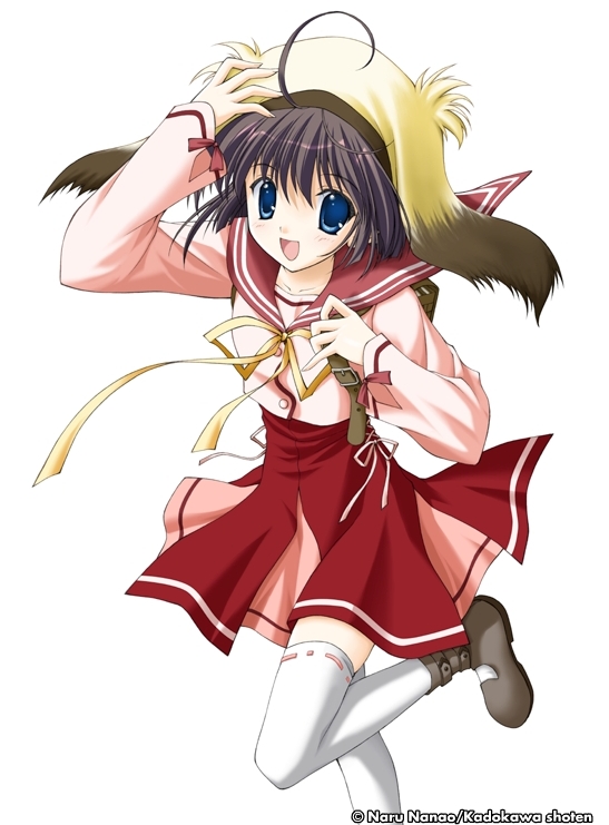 yuzuhara konomi, to heart (series), to heart 2, 00s, 1girl, :d, ahoge, blue hair, blush, female focus, hood, leg up, looking at viewer, open mouth, ribbon-trimmed legwear, ribbon trim, school uniform, simple background, smile, solo, thighhighs, white background, white thighhighs, zettai ryouiki