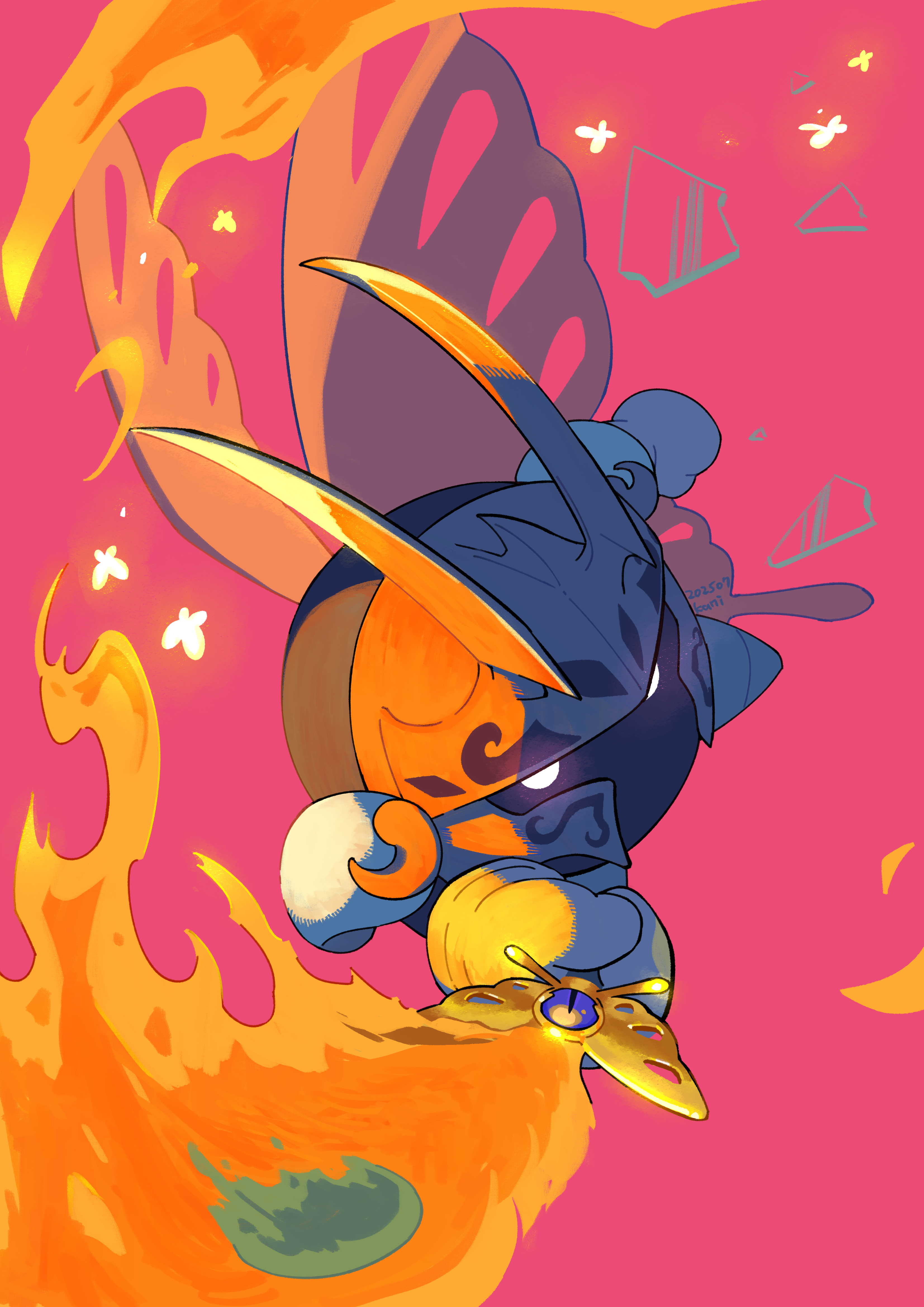 kani6850, morpho knight, kirby (series), nintendo, absurdres, highres, armor, butterfly wings, fire, flaming sword, flaming weapon, gloves, glowing, glowing eyes, holding, holding sword, holding weapon, insect wings, no humans, pauldrons, red background, shoulder armor, signature, solo, sword, weapon, wings, yellow gloves