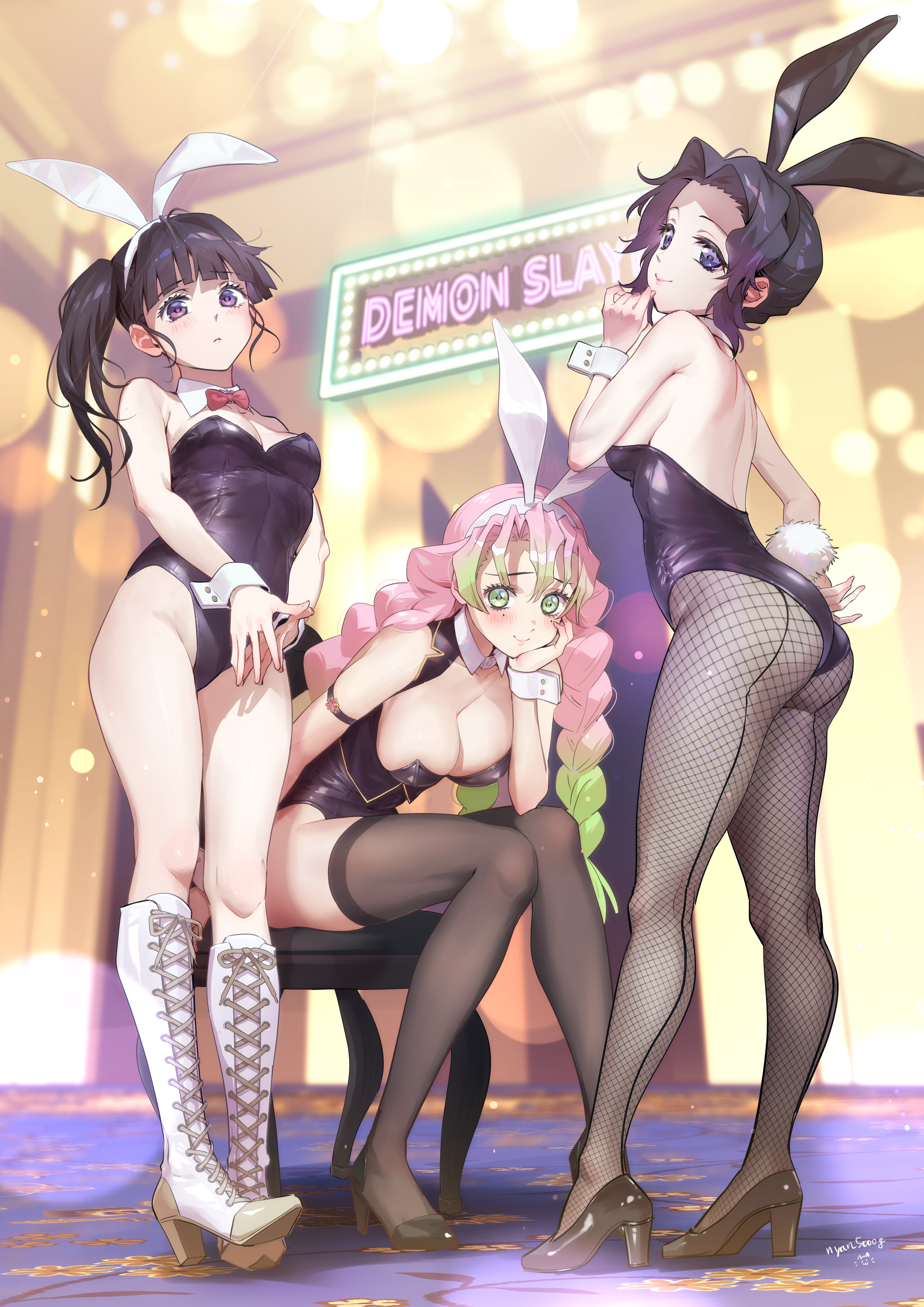 nyan5000, kanroji mitsuri, kochou shinobu, tsuyuri kanao, kimetsu no yaiba, absurdres, highres, 3girls, animal ear hairband, animal ears, ass, black hair, black leotard, breasts, chair, cleavage, detached collar, fake animal ears, green eyes, hairband, high heels, large breasts, leotard, looking at viewer, medium breasts, multiple girls, pink hair, playboy bunny, rabbit ear hairband, rabbit ears, rabbit tail, side ponytail, sitting, tail