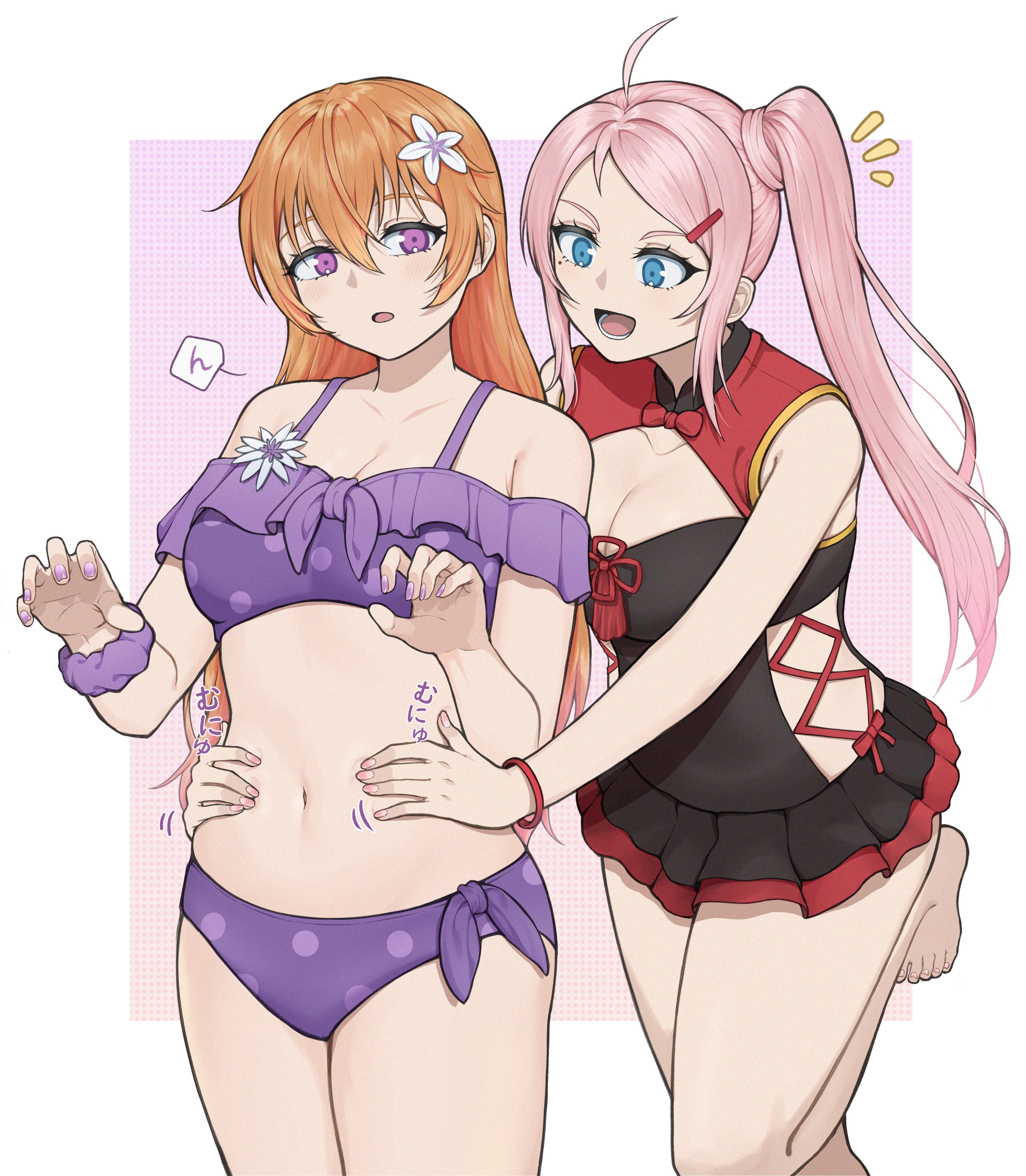 mayo e, konoe kanata, zhong lanzhu, love live!, love live! nijigasaki high school idol club, absurdres, highres, translation request, 2girls, ahoge, belly grab, bikini, black one-piece swimsuit, blue eyes, bracelet, breasts, brown hair, cleavage, collarbone, flower, hair flower, hair ornament, hairclip, jewelry, large breasts, long hair, looking at another, lower teeth only, medium breasts, mole, mole under eye, multiple girls, navel, one-piece swimsuit, open mouth, pink hair, pink nails, purple bikini, purple eyes, purple nails, side ponytail, speech bubble, swept bangs, swimsuit, teeth, white flower