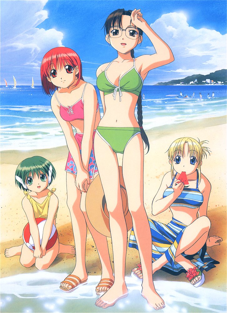 saitou eiko, hoshina tomoko, kamigishi akari, miyauchi lemmy, multi (to heart), to heart, to heart (series), scan, 4girls, arm behind back, armpits, ball, barefoot, beach, bikini, blonde hair, blue bikini, blue eyes, braid, breasts, brown eyes, brown hair, brown hat, cleavage, cloud, day, eating, feet, food, front-tie bikini top, front-tie top, fruit, full body, glasses, green bikini, green eyes, green hair, hair between eyes, halterneck, hand on own head, hand on own thigh, hat, holding, holding unworn clothes, holding unworn hat, long hair, multicolored stripes, multiple girls, nail polish, narrow waist, o-ring, o-ring bikini, ocean, orange sandals, outdoors, own hands together, parted bangs, photo background, pink bikini, pink nails, red eyes, red hair, robot ears, sandals, sarong, short hair, single braid, sitting, sky, sparkle, standing, striped bikini, striped clothes, striped sarong, swimsuit, tankini, toenail polish, toenails, unworn hat, unworn headwear, very long hair, watermelon, yellow bikini