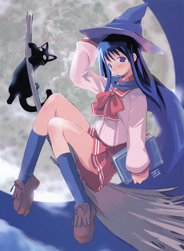 harada takehito, kurusugawa serika, to heart, to heart (series), 1girl, blue eyes, blue hair, book, broom, broom riding, cat, female focus, full moon, hat, long hair, matching hair/eyes, moon, pleated skirt, school uniform, serafuku, sidesaddle, skirt, solo, witch hat