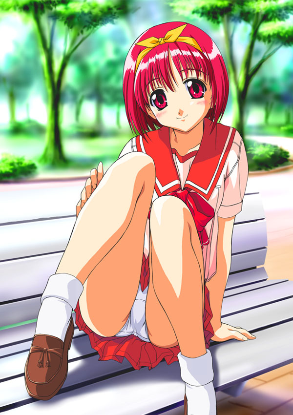 kamigishi akari, to heart, to heart (series), 1girl, arm support, blue panties, blush, bow, female focus, hair ribbon, miniskirt, panties, pantyshot, park, pleated skirt, red eyes, red hair, ribbon, school uniform, serafuku, shoes, short hair, sitting, skirt, socks, solo, underwear, upskirt, white socks