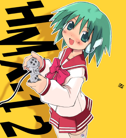 multi (to heart), to heart, to heart (series), lowres, 1girl, blush, bow, female focus, green eyes, green hair, matching hair/eyes, pink bow, playing games, pleated skirt, robot ears, school uniform, serafuku, short hair, skirt, solo, thighhighs, video game