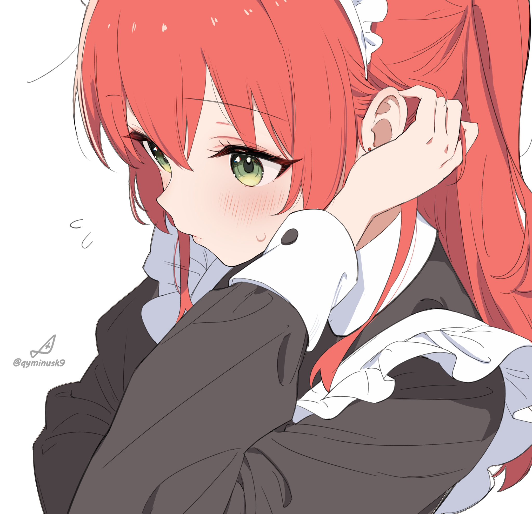 minusk9, kita ikuyo, bocchi the rock!, highres, 1girl, alternate costume, apron, black dress, blush, close-up, dress, enmaided, green eyes, long hair, long sleeves, maid, maid apron, maid headdress, one side up, red hair, simple background, solo, white background, wrist cuffs