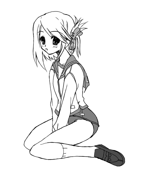 komaki manaka, to heart (series), to heart 2, 00s, 1girl, :o, between legs, blush, female focus, folded ponytail, greyscale, hand between legs, kneehighs, looking at viewer, monochrome, school uniform, simple background, sitting, socks, solo, swimsuit, swimsuit under clothes, wariza, white background