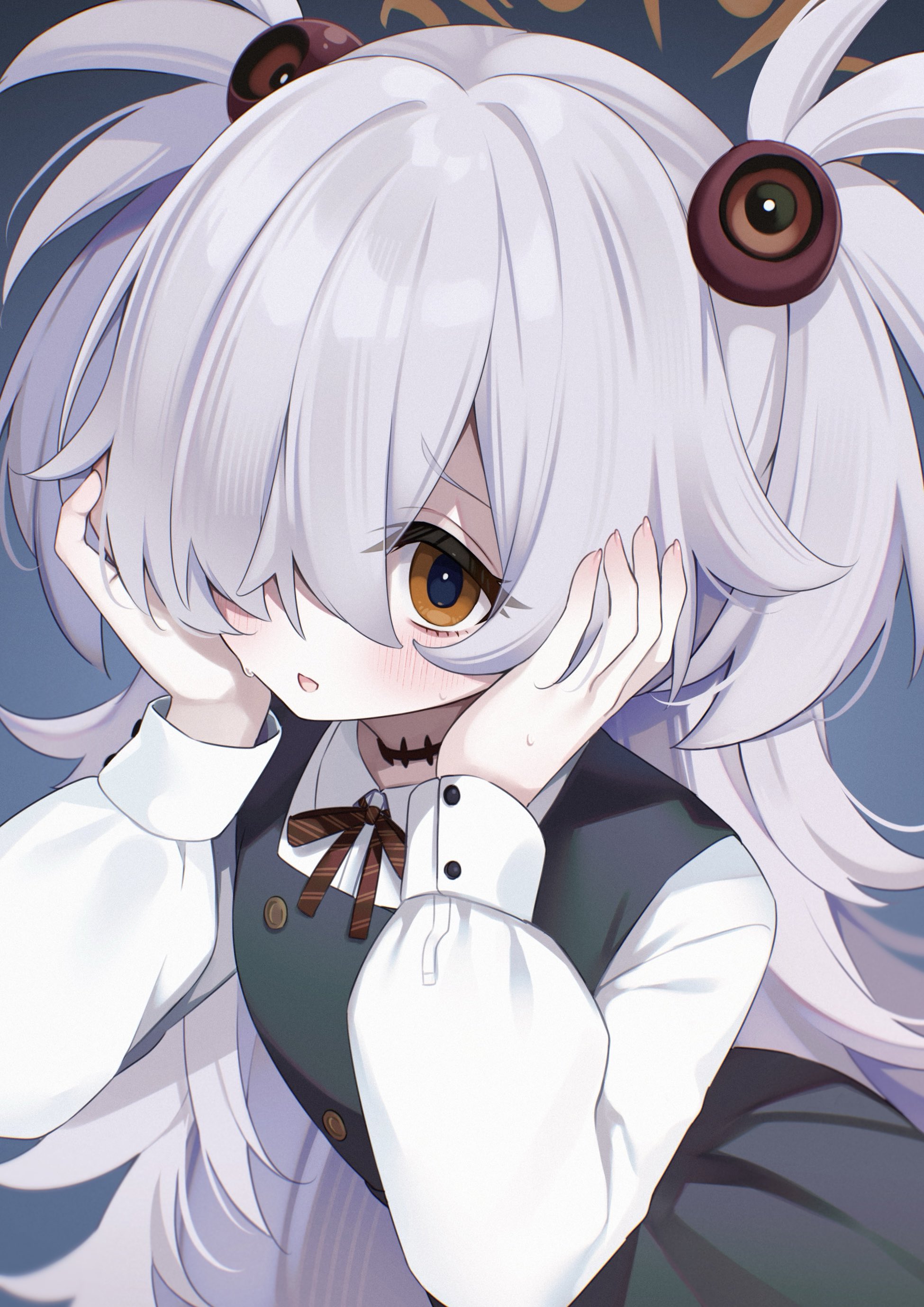 sasakichi (ssk chi), kanoe (blue archive), blue archive, absurdres, commentary request, highres, 1girl, black dress, blush, buttons, collared shirt, diagonal-striped ribbon, double-breasted, dress, flat chest, furrowed brow, grey hair, hair over one eye, halo, hands on own cheeks, hands on own face, hands up, long bangs, long hair, long sleeves, looking at viewer, messy hair, orange eyes, orange halo, pale skin, parted bangs, pinafore dress, puffy long sleeves, puffy sleeves, scar, scar on neck, shirt, short twintails, sidelocks, sleeve cuffs, sleeveless, sleeveless dress, solo, sphere hair ornament, sweat, twintails, very long hair, white shirt