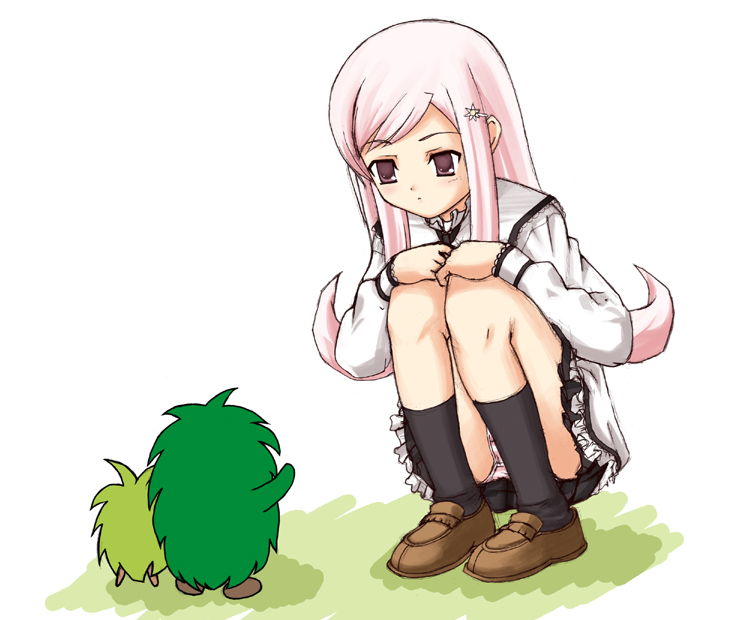 lucy maria misora, to heart (series), to heart 2, 00s, 1girl, black socks, blouse, blush, female focus, frills, hair ornament, hairpin, long hair, long sleeves, miniskirt, panties, pantyshot, pink eyes, pink hair, pink panties, shirt, shoes, sitting, skirt, socks, solo, squatting, striped clothes, striped panties, underwear, upskirt, white background