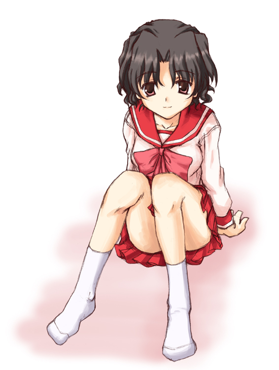 maman, yuzuhara haruka, to heart (series), to heart 2, 00s, 1girl, brown eyes, brown hair, female focus, pleated skirt, school uniform, serafuku, short hair, sitting, skirt, socks, solo
