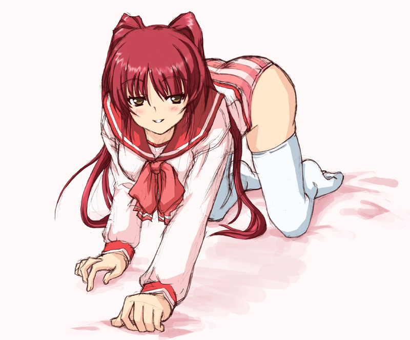 kousaka tamaki, to heart (series), to heart 2, 00s, 1girl, female focus, panties, school uniform, serafuku, simple background, solo, striped clothes, striped panties, thighhighs, underwear, white background
