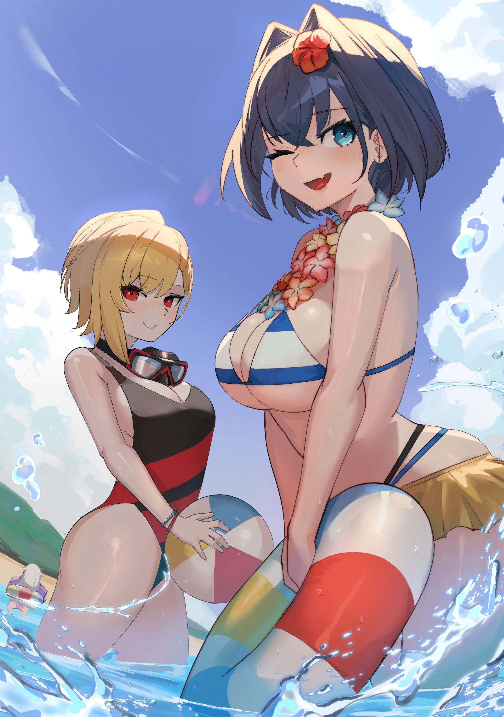 katsu (katsuslider), kaela kovalskia, koseki bijou, ouro kronii, hololive, hololive english, hololive indonesia, absurdres, highres, 3girls, bikini, black hair, black one-piece swimsuit, blonde hair, blue bikini, blue eyes, blue sky, breasts, closed mouth, cloud, cloudy sky, day, goggles, grey hair, hair intakes, innertube, large breasts, medium hair, multicolored bikini, multiple girls, one-piece swimsuit, one eye closed, open mouth, outdoors, red eyes, sky, smile, striped bikini, striped clothes, swim ring, swimsuit, two-tone bikini, virtual youtuber, white bikini