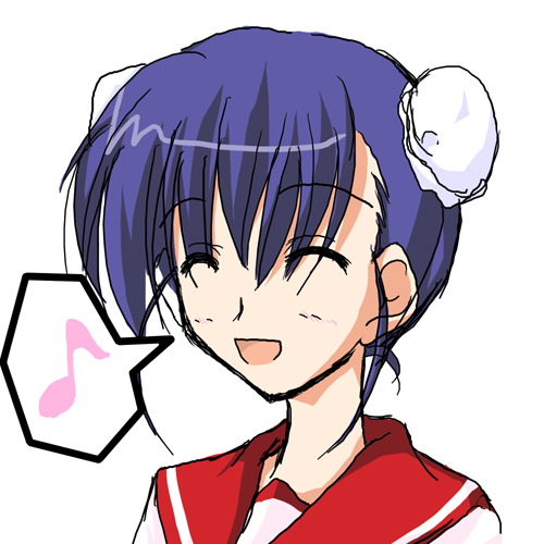 himeyuri ruri, to heart (series), to heart 2, lowres, 00s, 1girl, blue hair, female focus, happy, musical note, quaver, school uniform, serafuku, simple background, solo, speech bubble, spoken musical note, white background