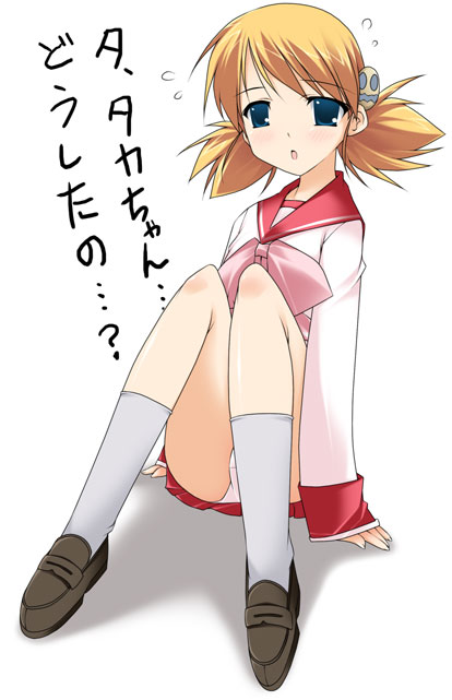 sasamori karin, to heart (series), to heart 2, 00s, arm support, blonde hair, blue eyes, blush, grey socks, miniskirt, panties, pantyshot, school uniform, serafuku, shoes, short hair, short twintails, sitting, skirt, socks, twintails, underwear, upskirt, white panties