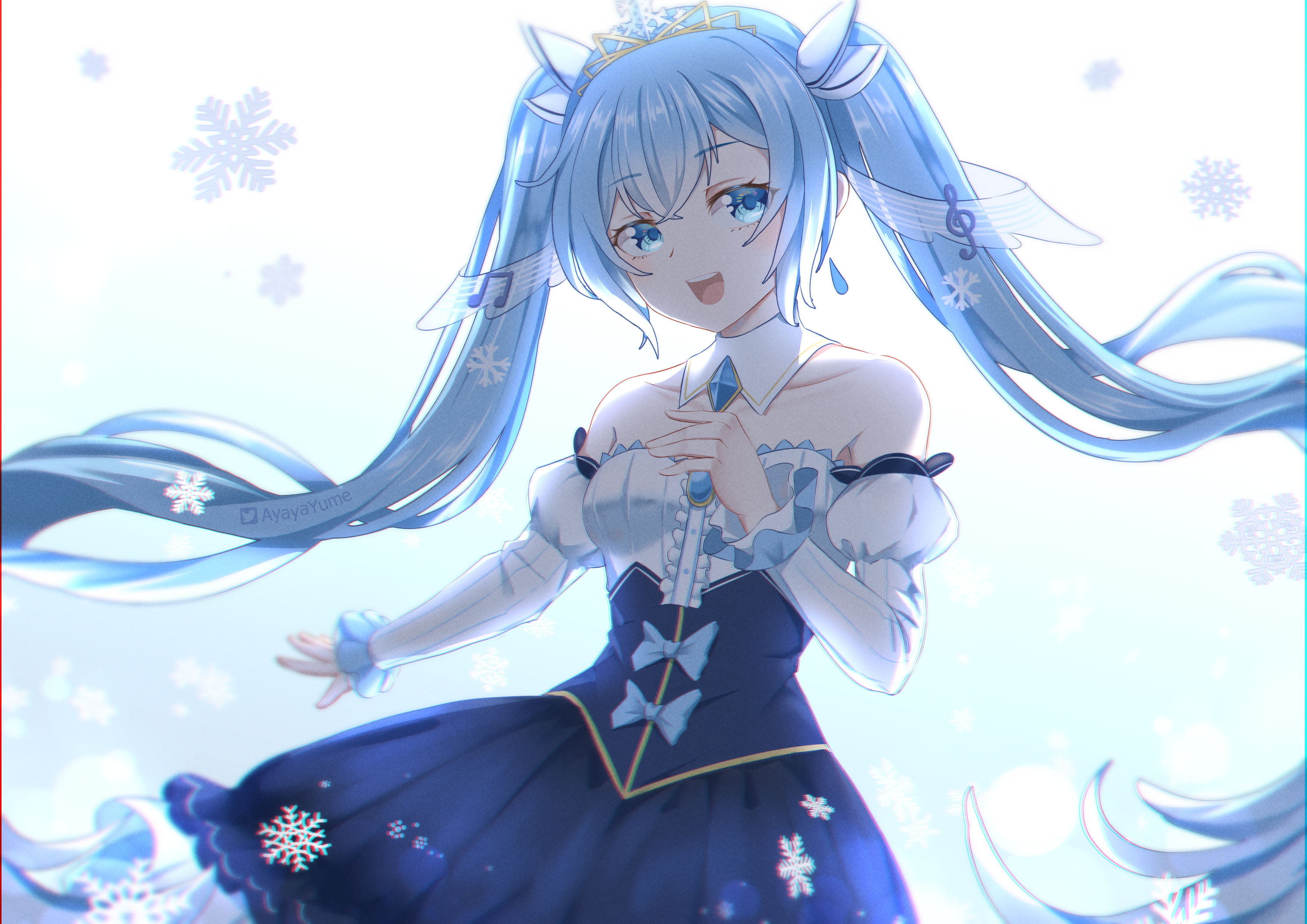 ayayayume, hatsune miku, yuki miku, yuki miku (2019), vocaloid, absurdres, highres, 1girl, aqua eyes, aqua hair, breasts, detached collar, dress, fortissimo, hair between eyes, hair ornament, jewelry, long hair, long sleeves, musical note, musical note hair ornament, official alternate costume, official alternate hairstyle, open mouth, puffy long sleeves, puffy sleeves, small breasts, smile, snowflakes, solo, strapless, strapless dress, twintails, very long hair