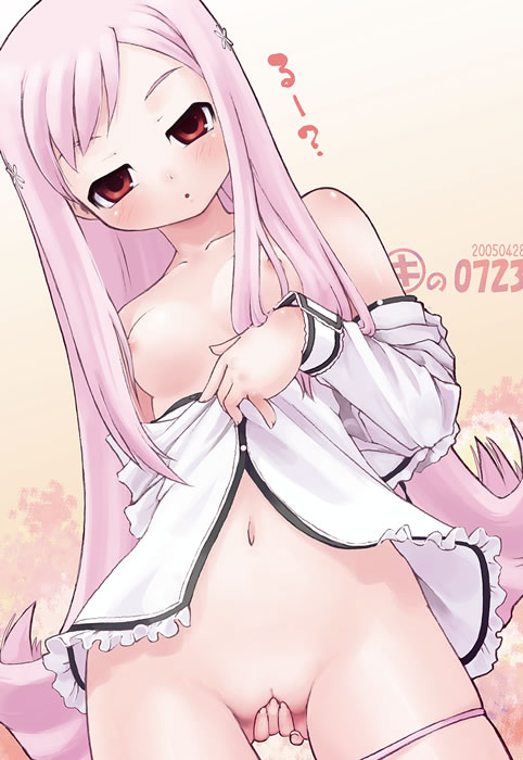 kei jiei, lucy maria misora, to heart (series), to heart 2, 00s, 1girl, blush, breasts, cleft of venus, covering crotch, covering privates, female focus, pussy, pussy peek, solo