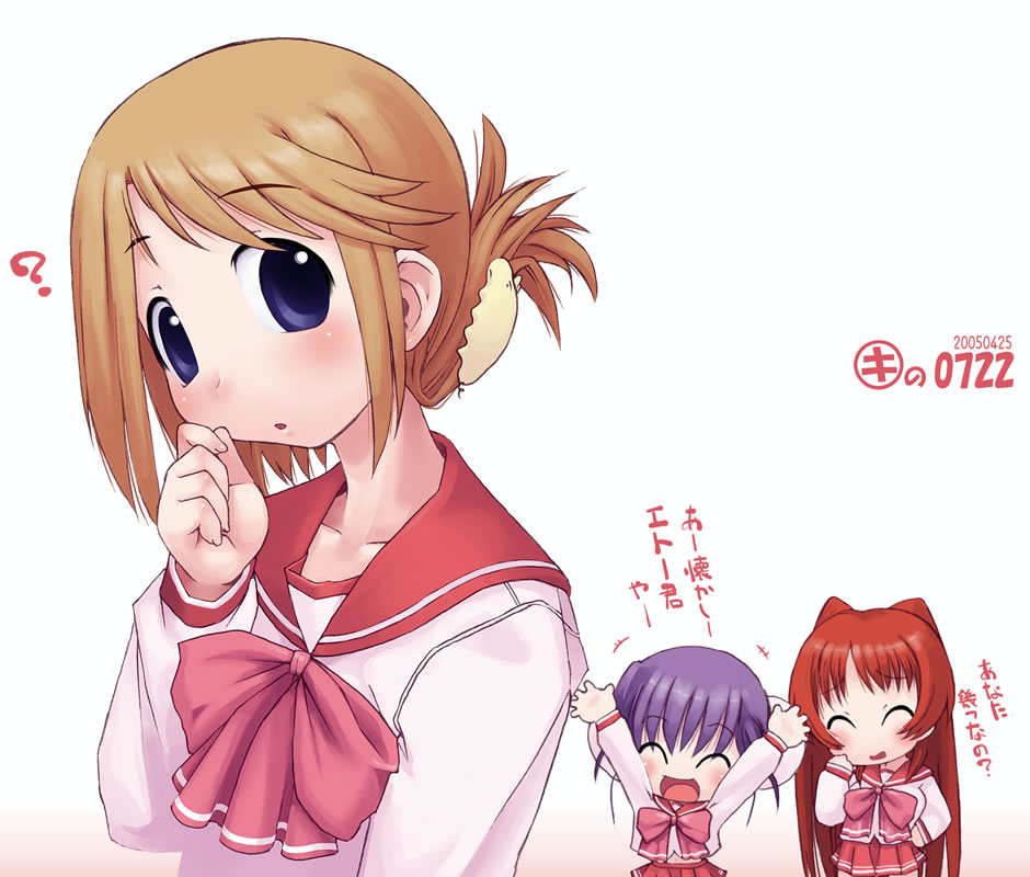 kei jiei, himeyuri sango, komaki manaka, kousaka tamaki, to heart, to heart (series), to heart 2, 00s, 3girls, ?, brown hair, folded ponytail, long hair, multiple girls, purple hair, red hair, school uniform, serafuku