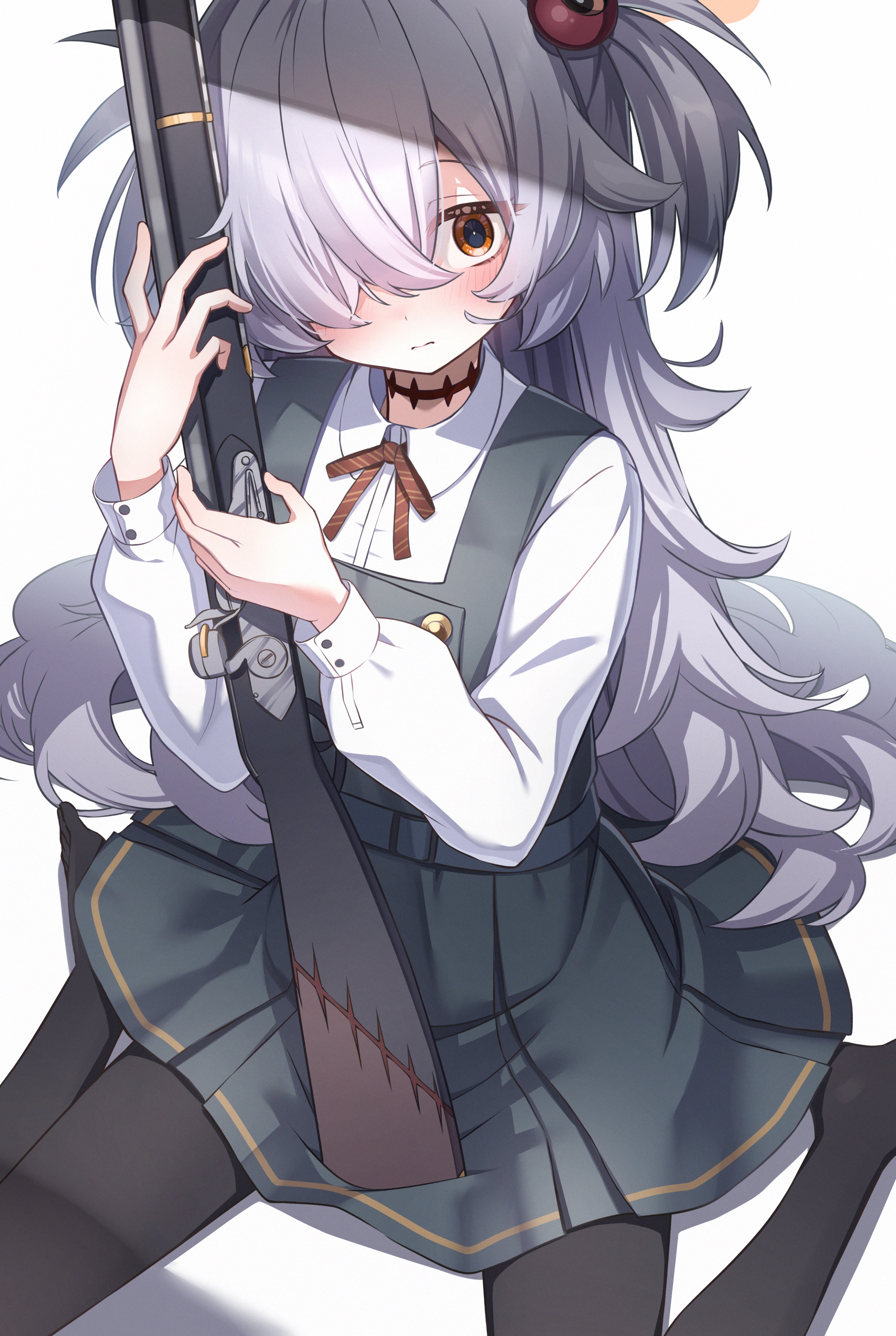 ringopan, kanoe (blue archive), blue archive, absurdres, commentary request, highres, 1girl, antique firearm, black dress, black pantyhose, blunderbuss, blush, brown ribbon, buttons, closed mouth, collared shirt, diagonal-striped ribbon, double-breasted, dress, firearm, flat chest, grey hair, gun, hair over one eye, halo, hands up, holding, holding gun, holding weapon, long bangs, long hair, long sleeves, looking at viewer, messy hair, no shoes, orange eyes, orange halo, pantyhose, parted bangs, pinafore dress, puffy long sleeves, puffy sleeves, ribbon, scar, scar on neck, shirt, short twintails, sidelocks, sitting, sleeve cuffs, sleeveless, sleeveless dress, solo, sphere hair ornament, twintails, very long hair, wariza, weapon, white shirt