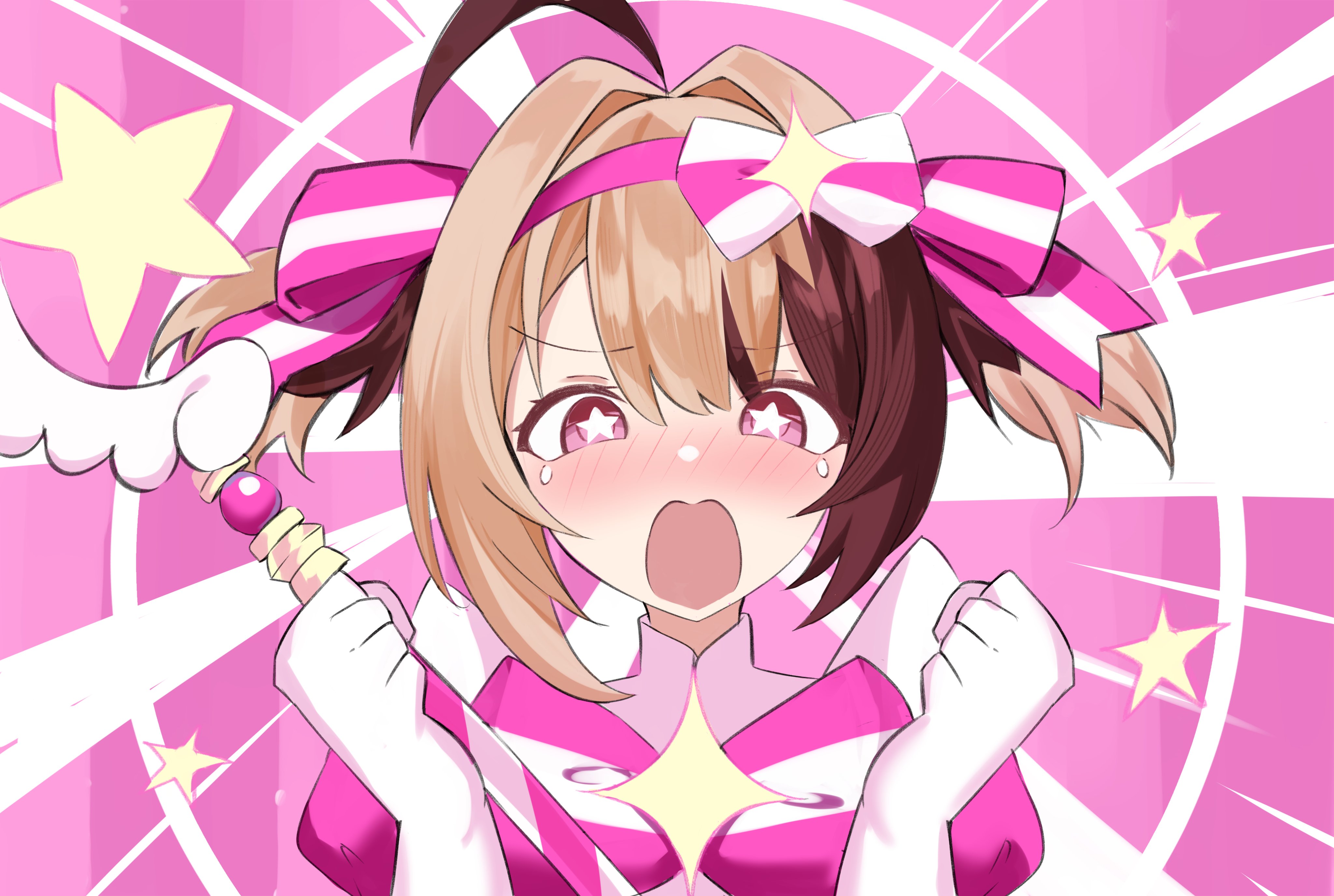 avil, gigi murin, hololive, hololive english, absurdres, commentary, english commentary, highres, 1girl, ahoge, blonde hair, blush, brown hair, hair intakes, hairband, holding, holding wand, looking at viewer, magical girl, multicolored hair, nose blush, open mouth, pink eyes, pink hairband, solo, star-shaped pupils, star (symbol), symbol-shaped pupils, tearing up, twintails, two-tone hair, virtual youtuber, wand