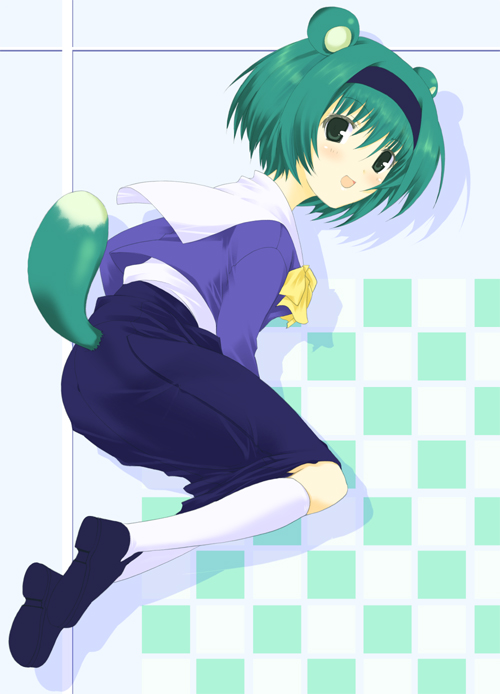 yoshioka chie, to heart (series), to heart 2, 00s, 1girl, animal ears, blush, female focus, green eyes, green hair, matching hair/eyes, pencil skirt, school uniform, serafuku, shoes, skirt, smile, solo, tail, thighhighs