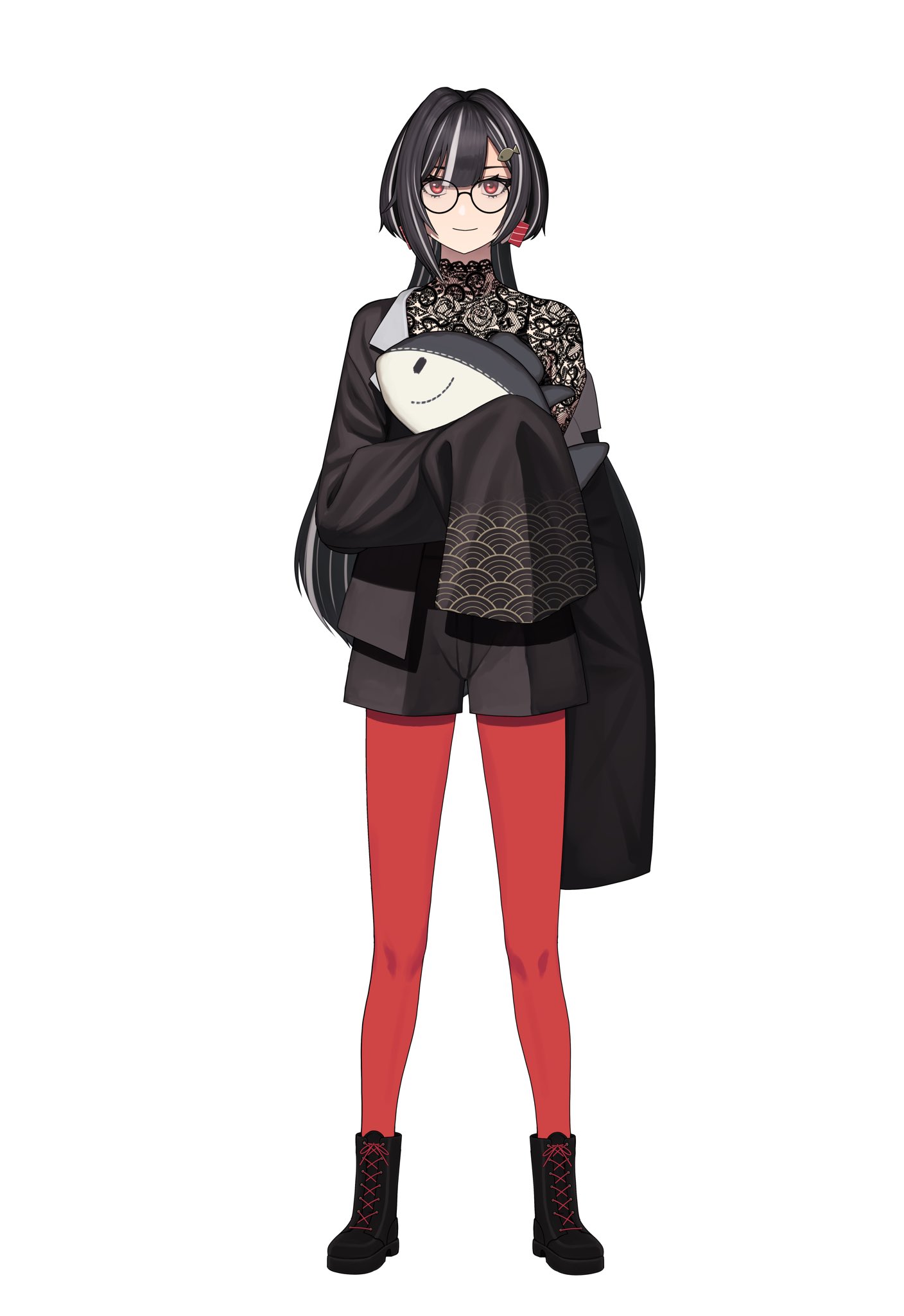 tunao, commentary request, copyright request, highres, 1girl, black-framed eyewear, black boots, black hair, black jacket, black shirt, black shorts, boots, closed mouth, full body, glasses, grey hair, jacket, lace-up boots, lace shirt, long hair, long sleeves, looking at viewer, multicolored hair, off shoulder, open clothes, open jacket, pantyhose, pantyhose under shorts, red eyes, red pantyhose, round eyewear, shirt, short shorts, shorts, simple background, sleeves past fingers, sleeves past wrists, smile, solo, standing, streaked hair, stuffed animal, stuffed fish, stuffed toy, very long hair, virtual youtuber, white background, wide sleeves