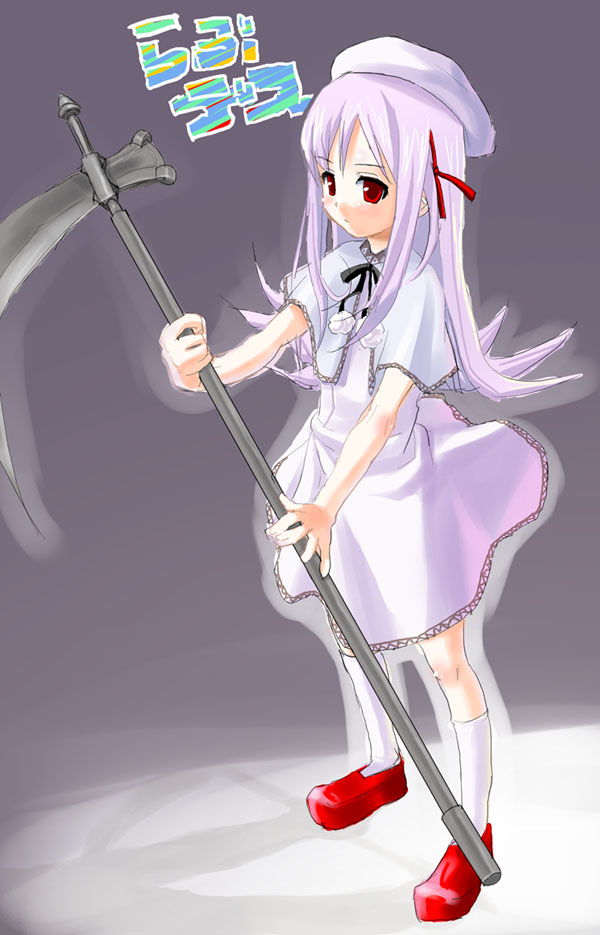 lucy maria misora, to heart (series), to heart 2, 00s, 1girl, beret, female focus, full body, hair ribbon, hat, holding, holding weapon, kneehighs, long hair, pink hair, pom pom (clothes), ribbon, scythe, short sleeves, sidelocks, socks, solo, standing, weapon, white socks