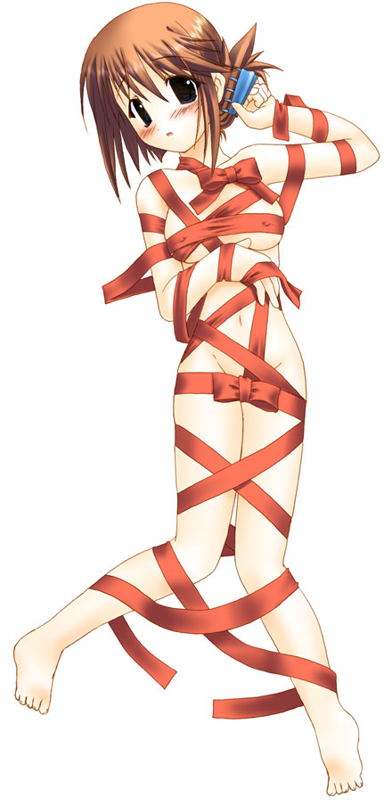 mizuna (water emp-tei), komaki manaka, to heart (series), to heart 2, 00s, 1girl, barefoot, female focus, folded ponytail, full body, naked ribbon, red ribbon, ribbon, simple background, solo, white background