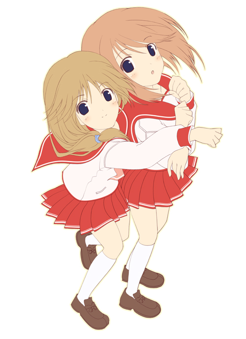 komaki ikuno, komaki manaka, to heart (series), to heart 2, 00s, 2girls, blush, brown hair, flat color, floating hair, full body, hug, hug from behind, kneehighs, looking at viewer, multiple girls, school uniform, serafuku, shoes, siblings, simple background, sisters, socks, standing