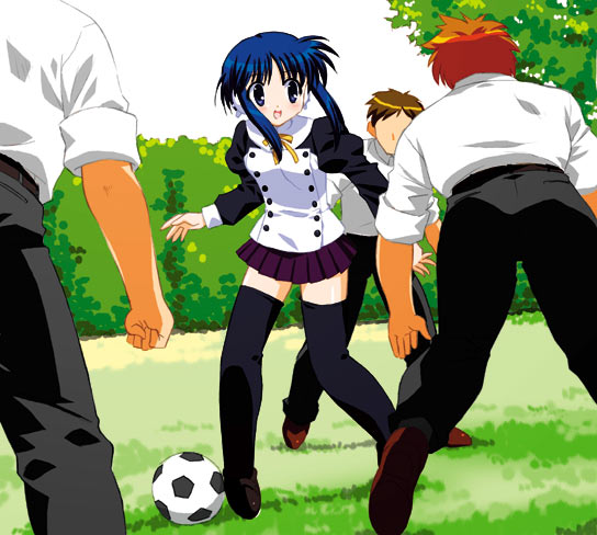 nal, nal (studio ng), studio ng, ilfa (to heart), leaf (company), to heart, to heart (series), to heart 2, 00s, 1girl, ball, black thighhighs, blue hair, day, grass, outdoors, playing sports, robot ears, skirt, soccer, soccer ball, telstar, thighhighs, zettai ryouiki