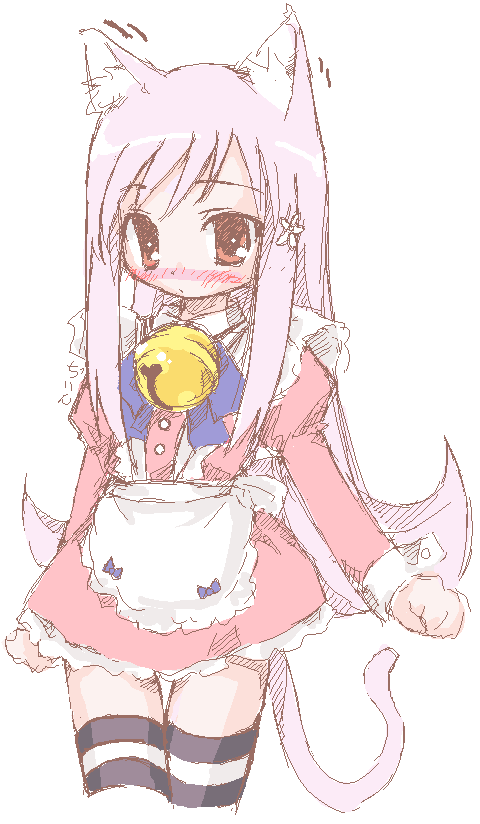 kekyo, lucy maria misora, to heart (series), to heart 2, 00s, 1girl, animal ear fluff, animal ears, apron, bell, black thighhighs, blush, brown eyes, cat ears, cat tail, cowboy shot, dress, female focus, full-face blush, jingle bell, long hair, long sleeves, neck bell, nose blush, oekaki, pink hair, red dress, sidelocks, simple background, solo, standing, striped clothes, striped thighhighs, tail, thigh gap, thighhighs, very long hair, white background, white thighhighs, zettai ryouiki