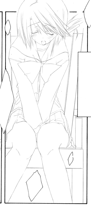 komaki manaka, to heart (series), to heart 2, 00s, 1girl, between legs, bow, bowtie, breath, closed eyes, female focus, folded ponytail, greyscale, hand between legs, head down, monochrome, pleated skirt, sailor collar, school uniform, short hair, sitting, skirt, solo