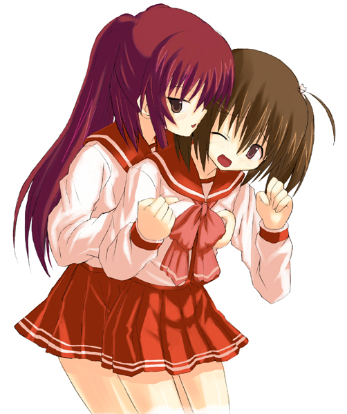 kousaka tamaki, yuzuhara konomi, to heart (series), to heart 2, 00s, 2girls, breasts, grabbing another's breast, groping, hair ornament, multiple girls, pleated skirt, school uniform, serafuku, skirt