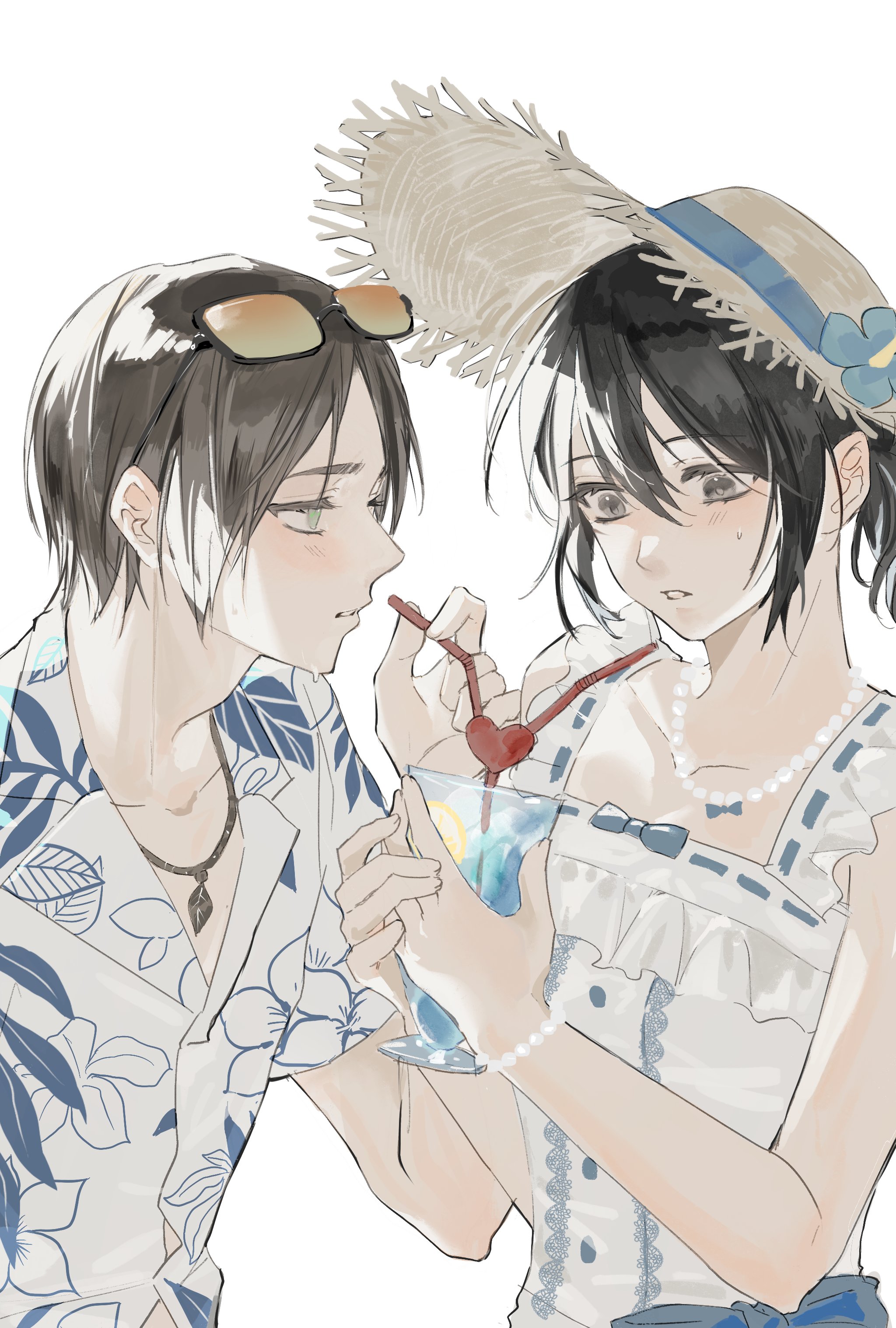 eren yeager, mikasa ackerman, shingeki no kyojin, absurdres, highres, 1boy, 1girl, bare shoulders, black hair, blue flower, bow, breasts, brown hair, couple, cup, dress, dress bow, eyewear on head, flower, food, fruit, grey hair, hair between eyes, hat, hat flower, hawaiian shirt, hetero, holding, holding cup, jewelry, lemon, lemon slice, light blush, looking at another, medium breasts, necklace, parted bangs, parted lips, pearl necklace, ponytail, print shirt, shared straw, shirt, shnyng11856, short hair, straw hat, sunglasses, sweatdrop, tropical drink, upper body, white background, white dress