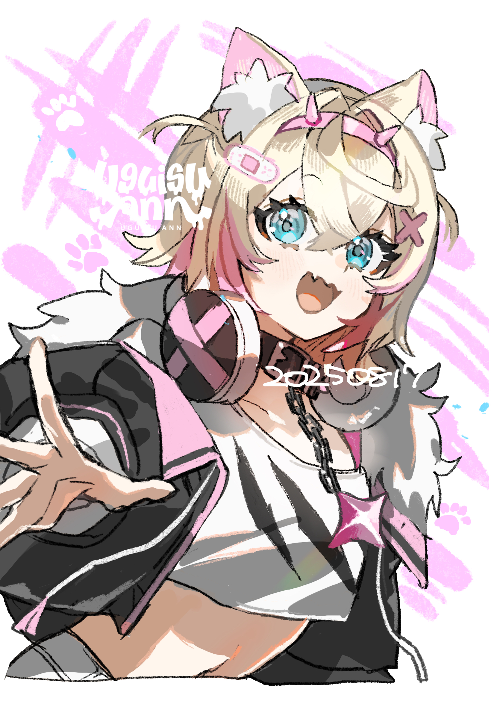 uguisu ann, mococo abyssgard, mococo abyssgard (1st costume), hololive, hololive english, highres, 1girl, animal ears, black jacket, blonde hair, blue eyes, collar, crop top, dog ears, dog girl, fur-trimmed jacket, fur trim, hairband, headphones, headphones around neck, horn hairband, jacket, navel, pink hairband, pink streaks, shirt, solo, spiked collar, spikes, virtual youtuber, white shirt