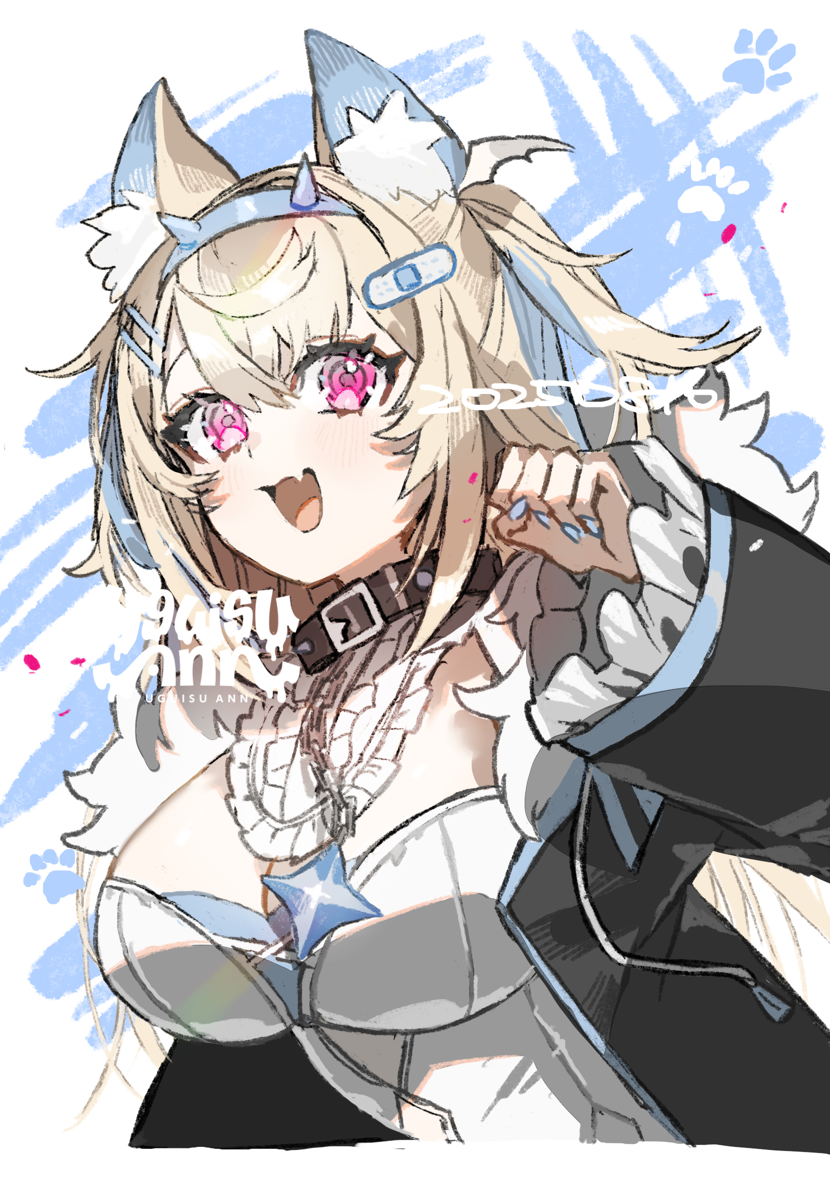 uguisu ann, fuwawa abyssgard, fuwawa abyssgard (1st costume), hololive, hololive english, highres, 1girl, animal ears, bandaid, bandaid hair ornament, black jacket, blonde hair, blue hairband, blue streaks, breasts, cleavage, collar, dog ears, dog girl, dress, hair ornament, hairband, horn hairband, jacket, long hair, open mouth, pink eyes, solo, spiked collar, spikes, two side up, virtual youtuber, white dress