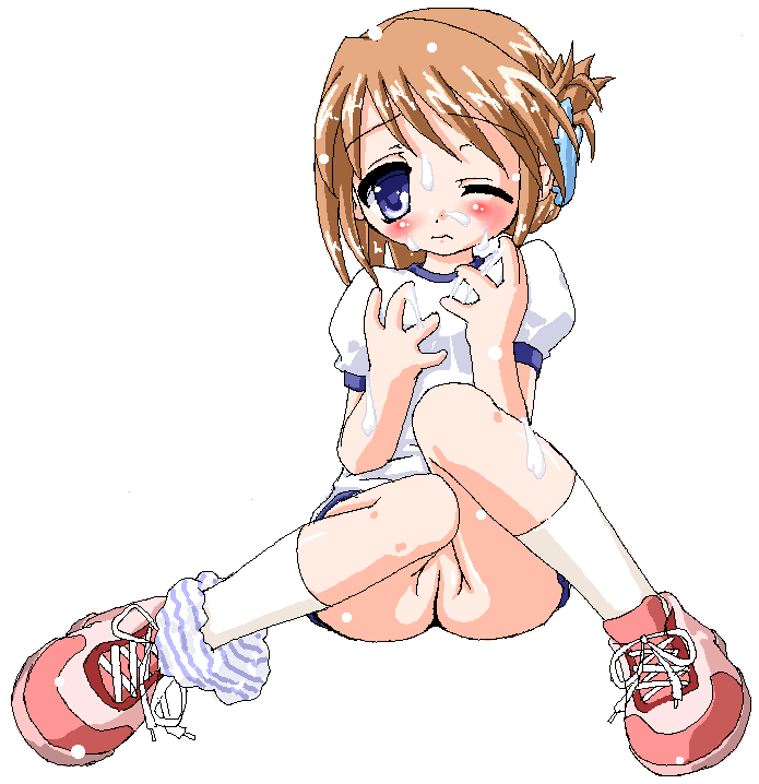 kekyo, komaki manaka, to heart (series), to heart 2, 00s, 1girl, blue eyes, blue panties, blush, brown hair, bukkake, cum, female focus, folded ponytail, gym uniform, hair ornament, hairclip, hands up, jaggy lines, knees together feet apart, loli, oekaki, one eye closed, panties, panties around leg, panty pull, puffy short sleeves, puffy sleeves, pussy, shirt, shoes, short sleeves, simple background, sitting, socks, solo, spread legs, striped clothes, striped panties, underwear, white background, wince