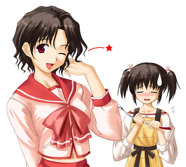yuzuhara haruka, yuzuhara konomi, to heart (series), to heart 2, 2girls, brown hair, closed eyes, cosplay, costume switch, ladle, mother and daughter, multiple girls, one eye closed, red eyes, school uniform, serafuku, star (symbol), sweatdrop, twintails, wink, yuzuhara haruka (cosplay)