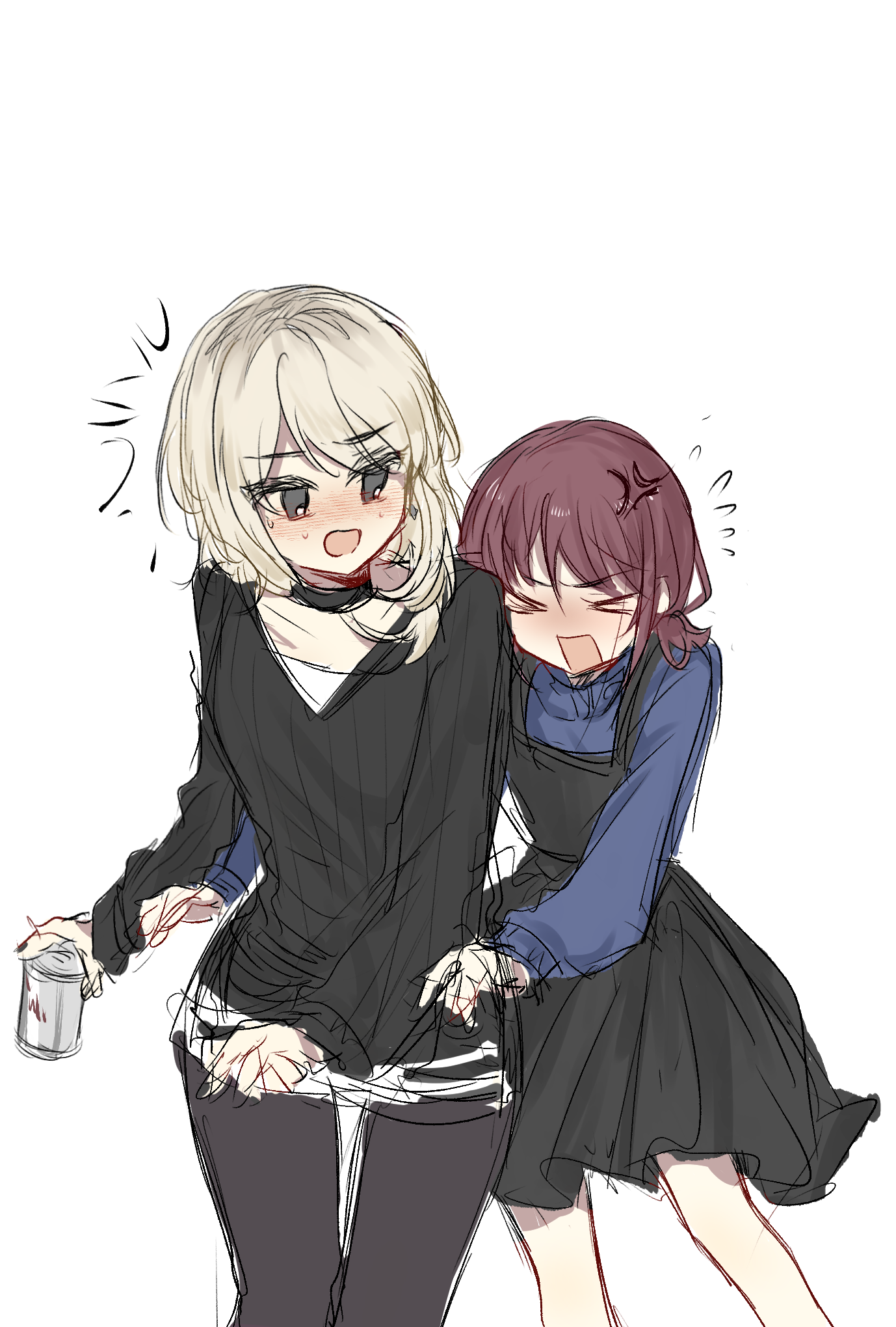 achadtea, iseri nina, kawaragi momoka, girls band cry, chinese commentary, commentary request, highres, > <, 2girls, anger vein, beer can, black pantyhose, black skirt, black sweater, blonde hair, blue shirt, blush, can, closed eyes, drink can, grey eyes, holding, holding can, long hair, long sleeves, multicolored hair, multiple girls, open mouth, pantyhose, red hair, roots (hair), shirt, short twintails, simple background, skirt, suspender skirt, suspenders, sweater, twintails, white background