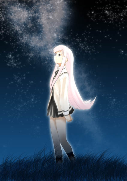 lucy maria misora, to heart (series), to heart 2, 00s, 1girl, expressionless, female focus, grass, long hair, long sleeves, night, night sky, outdoors, ribbon, sidelocks, sky, solo, standing, star (sky), starry sky, white hair