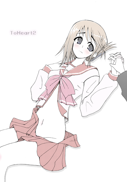 komaki manaka, to heart (series), to heart 2, 00s, 1girl, blush, folded ponytail, hair ornament, holding hands, pleated skirt, school uniform, serafuku, skirt, solo focus