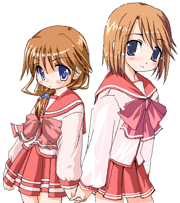 komaki ikuno, komaki manaka, to heart (series), to heart 2, 00s, blue eyes, blush, brown hair, cowboy shot, holding hands, long hair, low-tied long hair, oekaki, pleated skirt, school uniform, serafuku, skirt