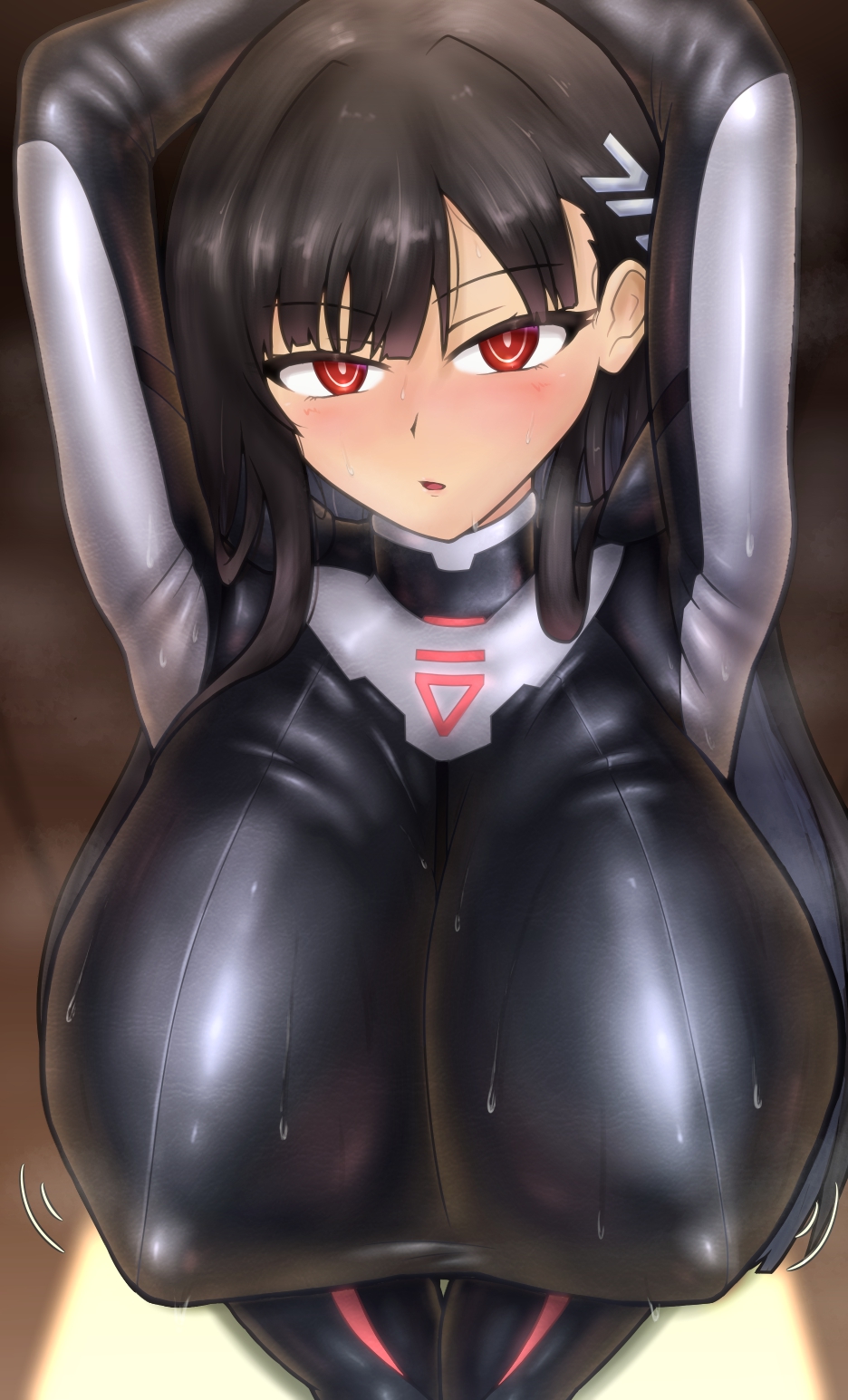 julian semenov, rio (blue archive), rio (bodysuit) (blue archive), blue archive, highres, 1girl, black bodysuit, black hair, black jumpsuit, blunt bangs, blush, bodysuit, breasts, bright pupils, covered erect nipples, hair ornament, hairclip, halo, huge breasts, impossible bodysuit, impossible clothes, impossible leotard, jumpsuit, latex, latex bodysuit, leotard, long hair, looking at viewer, millennium science school logo, multicolored halo, official alternate costume, red eyes, ringed eyes, skin tight, solo, two-tone halo, very long hair, white pupils
