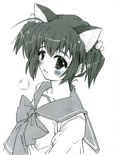 momiji mao, yuzuhara konomi, to heart (series), to heart 2, 00s, 1girl, animal ears, cat ears, female focus, green theme, monochrome, school uniform, serafuku, solo