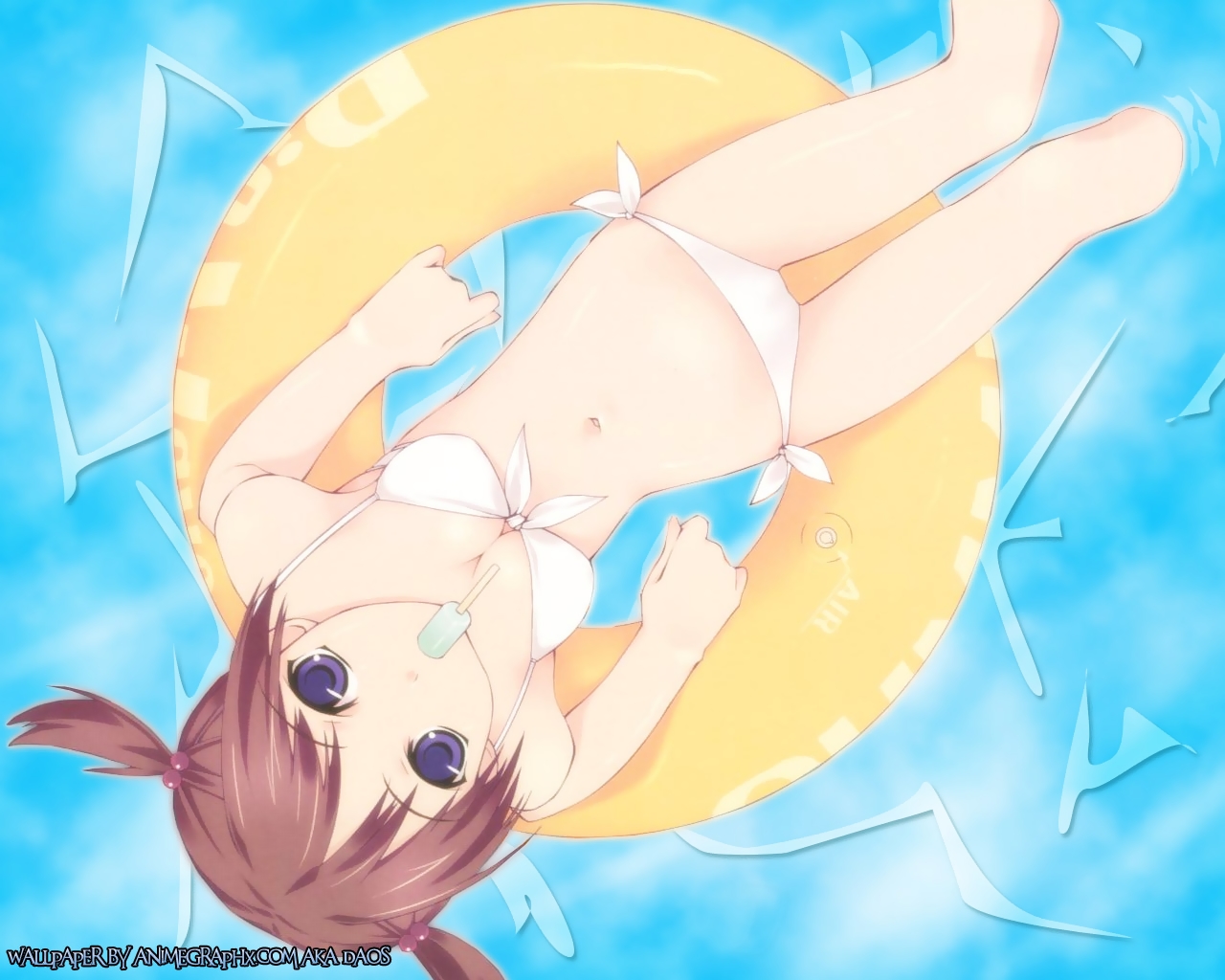 murakami suigun, magi-cu, 1girl, bikini, blue eyes, breasts, brown hair, female focus, food, innertube, medium breasts, popsicle, solo, swim ring, swimsuit, watermark