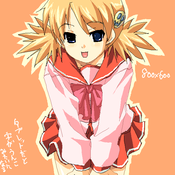 sasamori karin, to heart (series), to heart 2, 00s, blouse, bow, bowtie, hair ornament, miniskirt, oekaki, orange background, outline, pink bow, pink bowtie, pink shirt, pleated skirt, school uniform, serafuku, shirt, skirt, solo