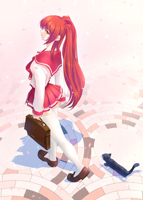 kousaka tamaki, to heart (series), to heart 2, 00s, bag, brown eyes, cat, long hair, outdoors, pleated skirt, red hair, school bag, school uniform, serafuku, skirt, solo, thighhighs, zettai ryouiki